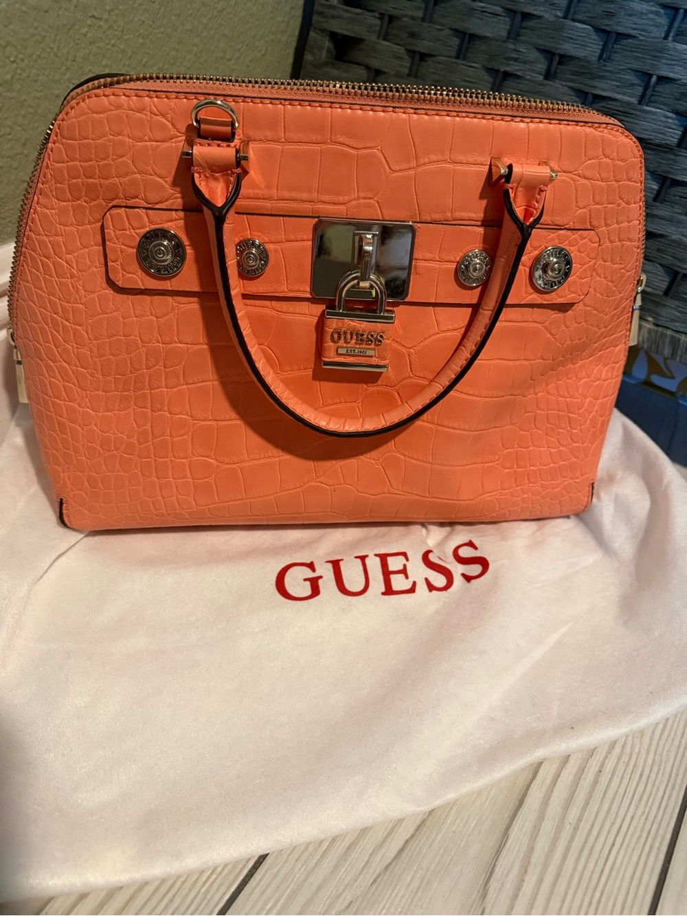 GUESS Coral Croc-Embossed Satchel with Padlock Accent